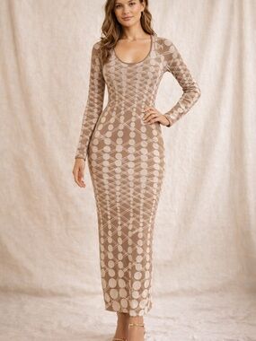 HERA Collection Beige & Cream Knit Bodycon Midi Dress Long Sleeve small